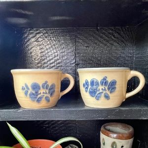 Pair of FOLK ART Mugs by Pfaltzgraff | Tan and Blue Vintage Stoneware